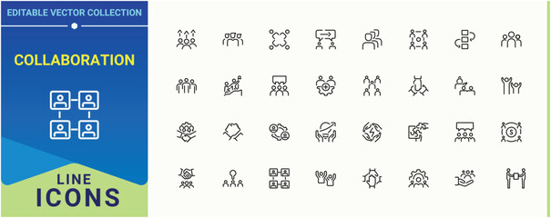 Fototapeta premium Collaboration linear icon set. Related to cooperation, partner, meeting, leader, brainstorm, partnership. Teamwork icon collection. Outline icons in linear style. Pixel perfect. Editable stroke.