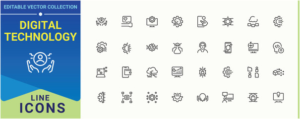 Digital Technology line icon set. Pictograms of computing, internet, smart, tech, ai, cloud and more. Technology line icon set. Outline icons collection. Editable stroke. Vector illustration.