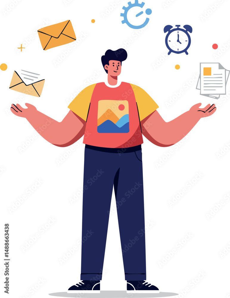 Poster man multitasking with emails clock and documents vector illustration in casual outfit