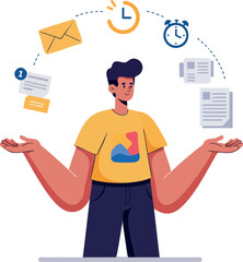 Man multitasking with floating icons of clock email and documents vector illustration 