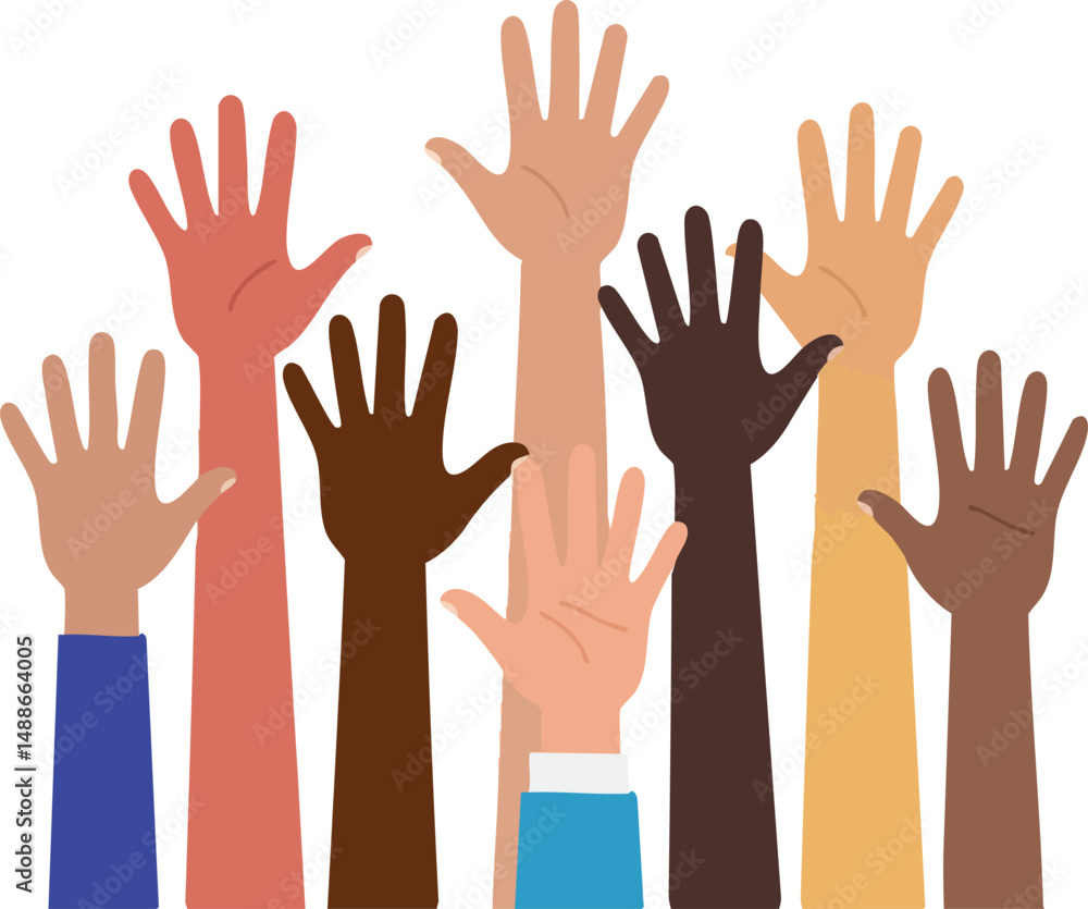 Poster diverse raised hands illustration showing unity and inclusion in multiple skin tones vector