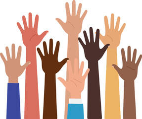 Fototapeta premium Diverse raised hands illustration showing unity and inclusion in multiple skin tones vector 