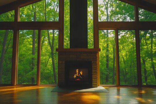 Cozy fireplace with a view of lush green forest in a serene living room, Fireplace inside a room with a view of green forest trees outside ing