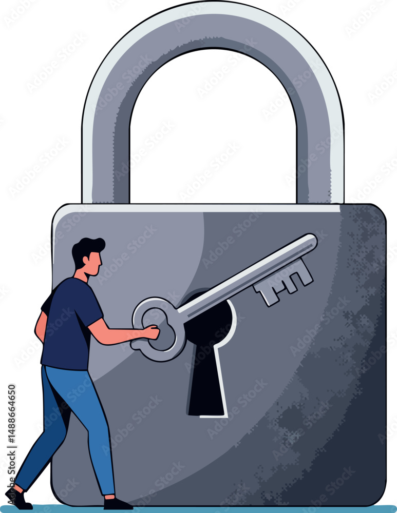 Poster man unlocking giant padlock with key security concept vector illustration