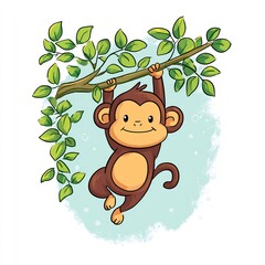 Playful monkey hanging from tree cartoon style