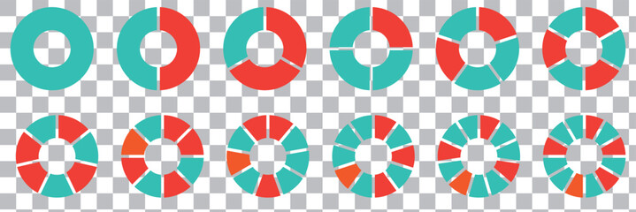 Pie chart set. Different color circles. Pie chart divided 1, 2, 3, 4, 5, 6, 7, 8, 9, 10, 11, 12 equal parts. donut and pie chart infographic elements. Colorful diagram graphs. Circle section graph.