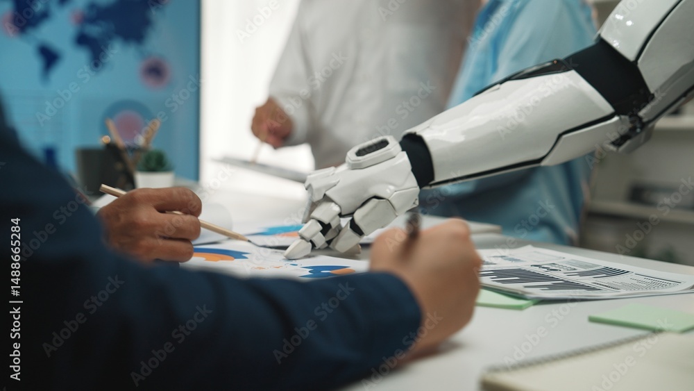 Poster human and robot collaborate in a modern office setting, focusing on data analysis and innovation. a 