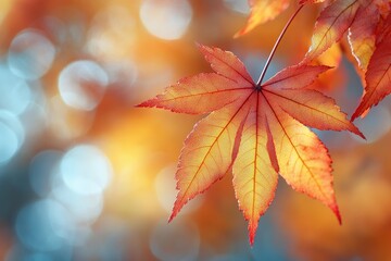 Autumn leaves display vibrant colors in a serene forest setting during early morning light