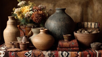 Still Life Painting: Pottery, Flowers & Jugs - Antique Art Image