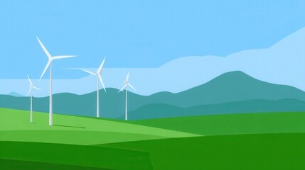 Obraz premium Simple illustration of wind turbines on a grassy plain.