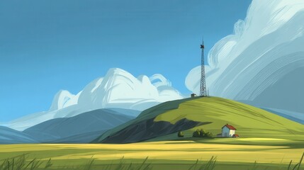 A vibrant digital painting of a rural landscape with a hilltop tower.
