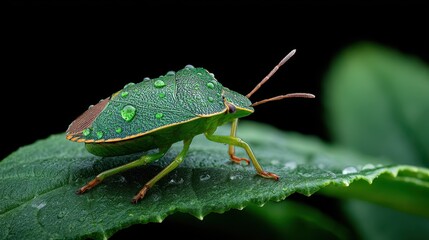 Close-up of Green Shield Bug with Dew Drops