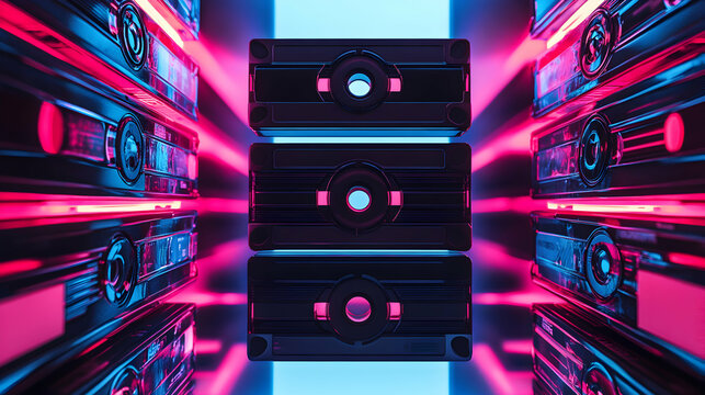 Futuristic Concept of Retro VHS Tapes Surrounded by Neon Lights