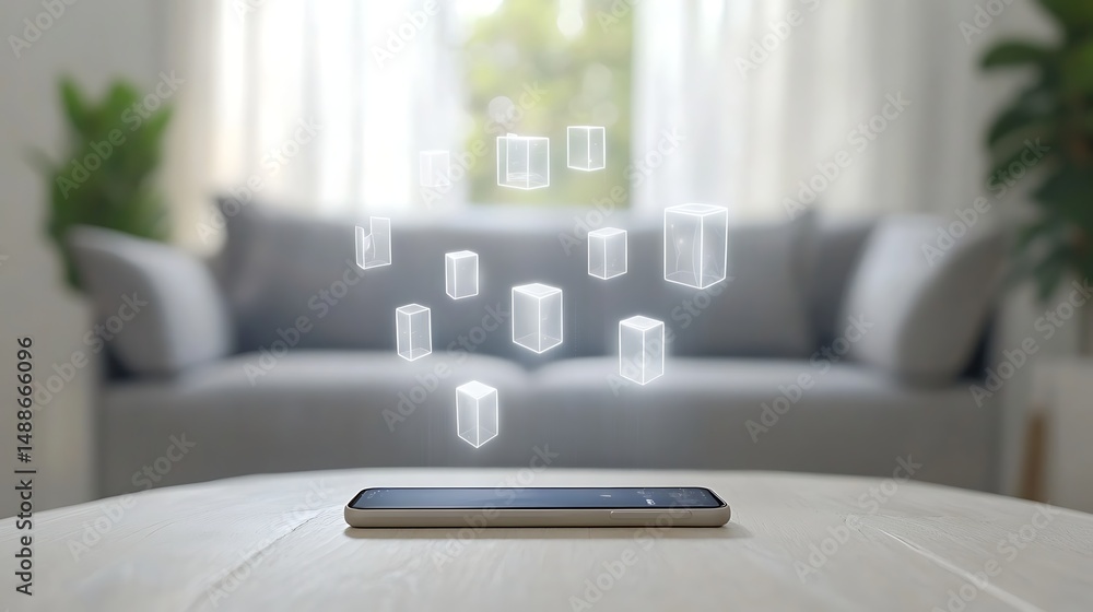 Poster Glowing Cubes Hovering Above Smartphone on Table