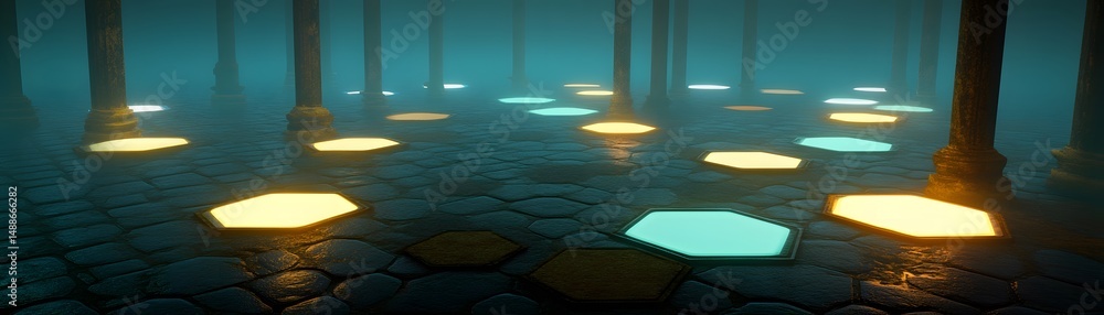 Poster glowing hexagonal path through a mystical place