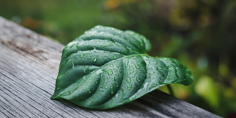 Vibrant green leaf with raindrops on a twig, lush blurred background, soft light highlights veins, symbolizing freshness and nature.