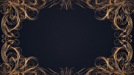 Understated gold filigree border on black background with thin golden frame, perfect for elegant luxury design.

