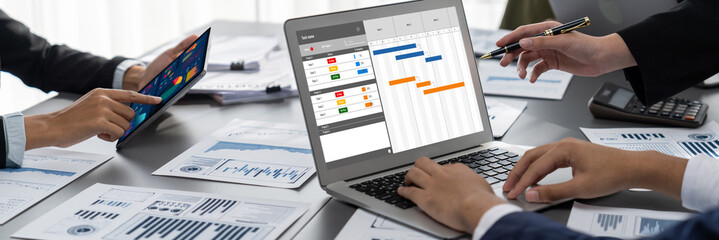Project planning software for brisk business project management on the computer screen showing...