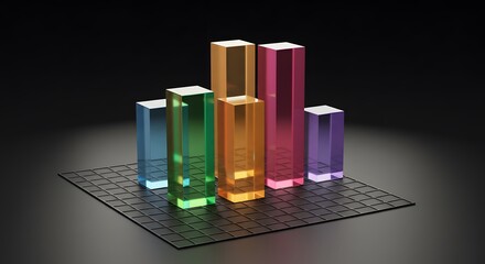 3D colorful bar cluster of five translucent columns on grid base