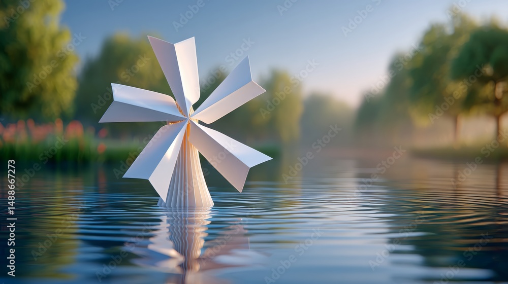 Poster delicate paper windmill gently turning while floating on a serene lake surrounded by lush greenery