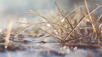 Frozen grass blades coated in ice crystals, glistening in soft sunlight