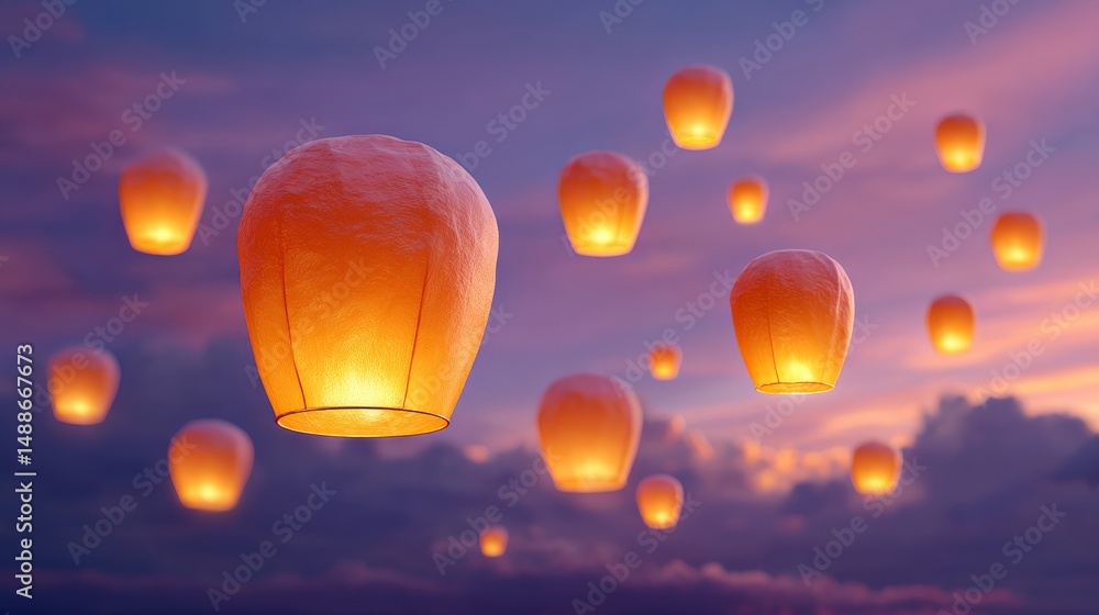 Aufkleber floating paper lanterns glowing softly in a twilight sky filled with clouds