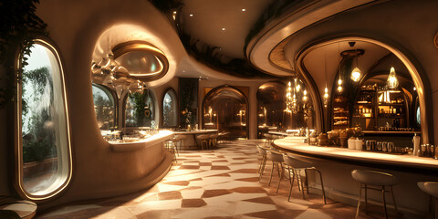 Stylish modern restaurant interior with elegant lighting and decor