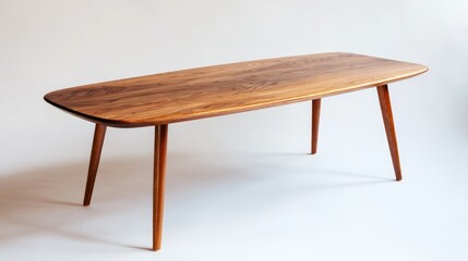Sleek, low coffee table with a rich walnut wood top and tapered legs