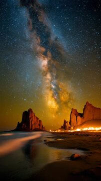 Vertical time-lapse view of the Milky Way rising and moving across the sky above Shiprock. The rock stands tall like a sacred monument as stars pulse overhead. Celestial motion captured in glowing det