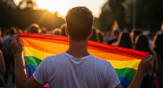 Man holding rainbow flag at a pride event during sunset. Symbol of lgbtq+ rights and identity celebrating equality and love. For social media and editorial.