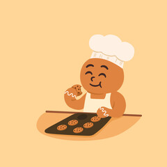 Gingerbread Man Chef Enjoying Freshly Baked Cookies. Vector illustration.