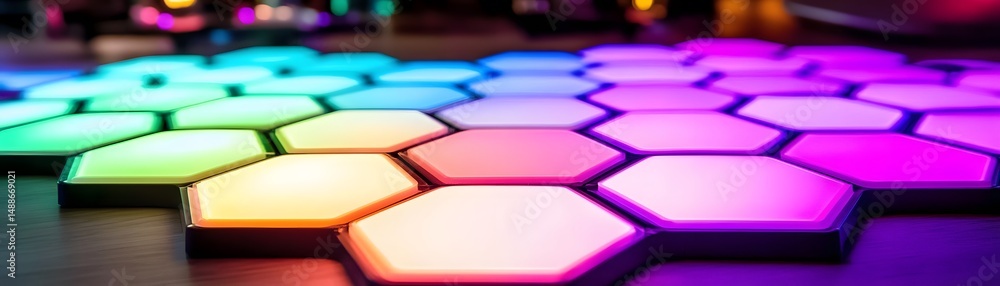 Poster colorful hexagonal lights in a patterned design.