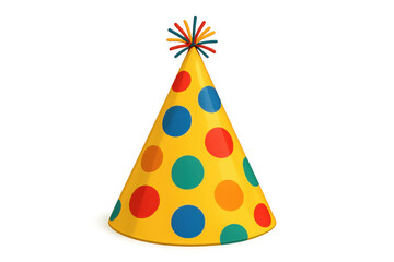 3d rendering of classic yellow party hat with vibrant polka dots, highlighting festive celebration design, positioned against transparent background