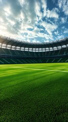Fototapeta premium Empty football stadium with green grass field and cloudy sky for sports and events photography