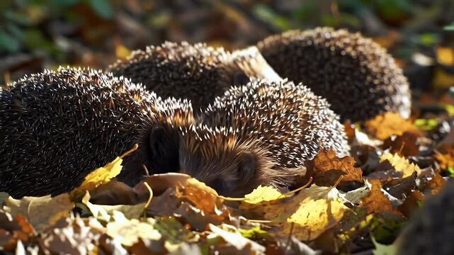 Hedgehog Gathering in Autumn Leaves