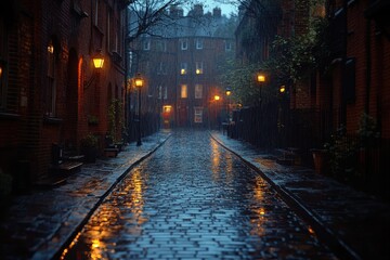 Fototapeta premium Rainy evening in a cobblestone alley with glowing street lamps in a quiet neighborhood