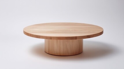 Round light wood coffee table with thick cylindrical base