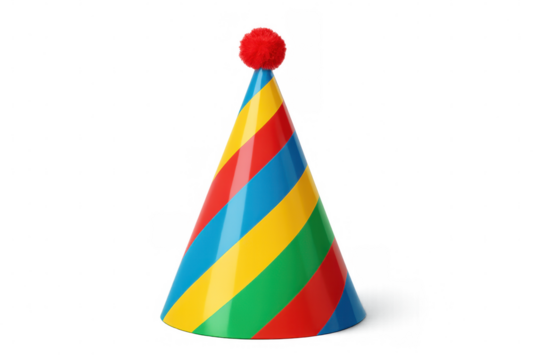 Colorful striped party hat featuring red pompom, 3d-rendered against transparent background, celebrating festive birthday moments