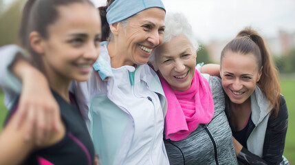 Obraz premium Happy multi-generational women enjoying time together outdoors after a sport workout, celebrating health, friendship, fitness, yoga