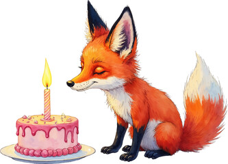 Obraz premium Fox gently blowing out a birthday candle on a pink cake with a soft expression in a whimsical watercolor illustration
