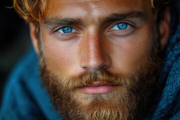 Obraz premium Young man with striking blue eyes and a thick beard displays a thoughtful expression, captured in natural light