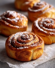 Fresh baked cinnamon rolls on parchment paper
