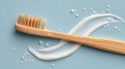 Bamboo toothbrush & white toothpaste smear on light blue background