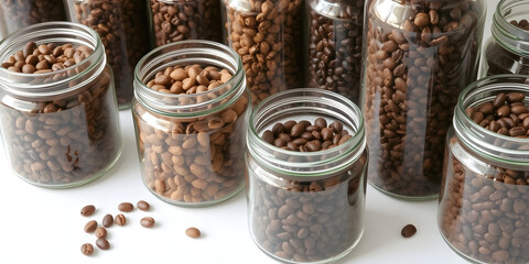 A collection of glass jars filled with different types of coffee beans, highlighting the rich colors and textures. 