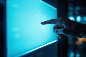 Hand illustrating on a digital whiteboard with an empty chart in a modern office setting, Hand illustrating on digital whiteboard, empty chart detail, hightech office background
