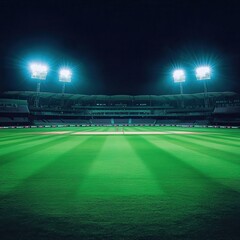 Cricket stadium with illuminated field at night, cricket, stadium, night, sports, field, lights, illumination.