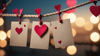 Romantic Valentine's Day message cards hanging on a rope with small hearts