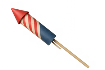 Classic firework rocket with red, white, and blue design, ready to ignite and celebrate, isolated on transparent background