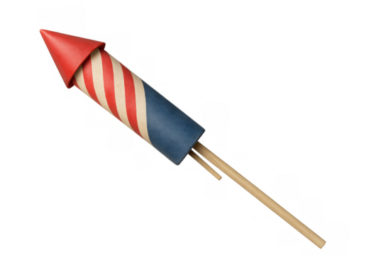 Classic firework rocket with red, white, and blue design, ready to ignite and celebrate, isolated on transparent background