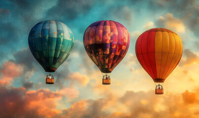 Obraz premium Three colorful hot air balloons float against a vibrant, cloud-filled sky at dawn or dusk